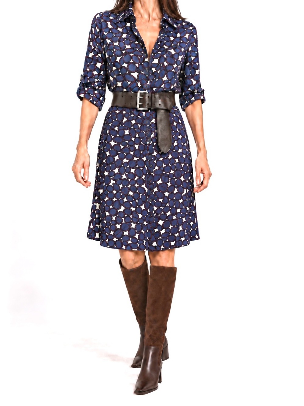 NWOT -0039 Italy- Blue and White Print Shirt Dress, Size Medium